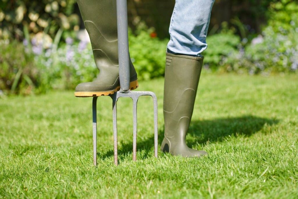 Gärtner in Stiefeln drückt mit einer Spatengabel Löcher in den Rasen