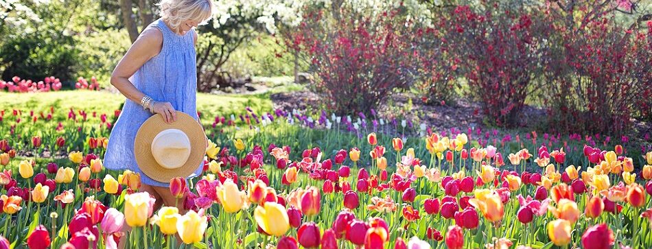 Eine Frau läuft in einem blauen Kleid durch einen Sommer Garten voll mit bunten Tulpen.